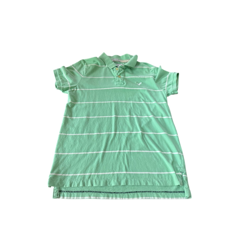 American Eagle Outfitters Polo Shirt M Green White Stripe Vintage Fit Eagle Logo